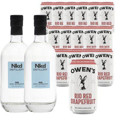 Nkd Distillery Gin Alternative Premium Non-Alcoholic Spirit 750 ML Bottles w Owen s Mixers Rio Red Grapefruit 8.2 OZ Cans - Perfect for Mocktails - Made in USA