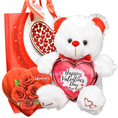 Deluxe Happy valentines Basket, Valentines Gift with Plush Bear, Gift Bag and Heart Shaped Chocolates Bundle for Valentines Day Basket