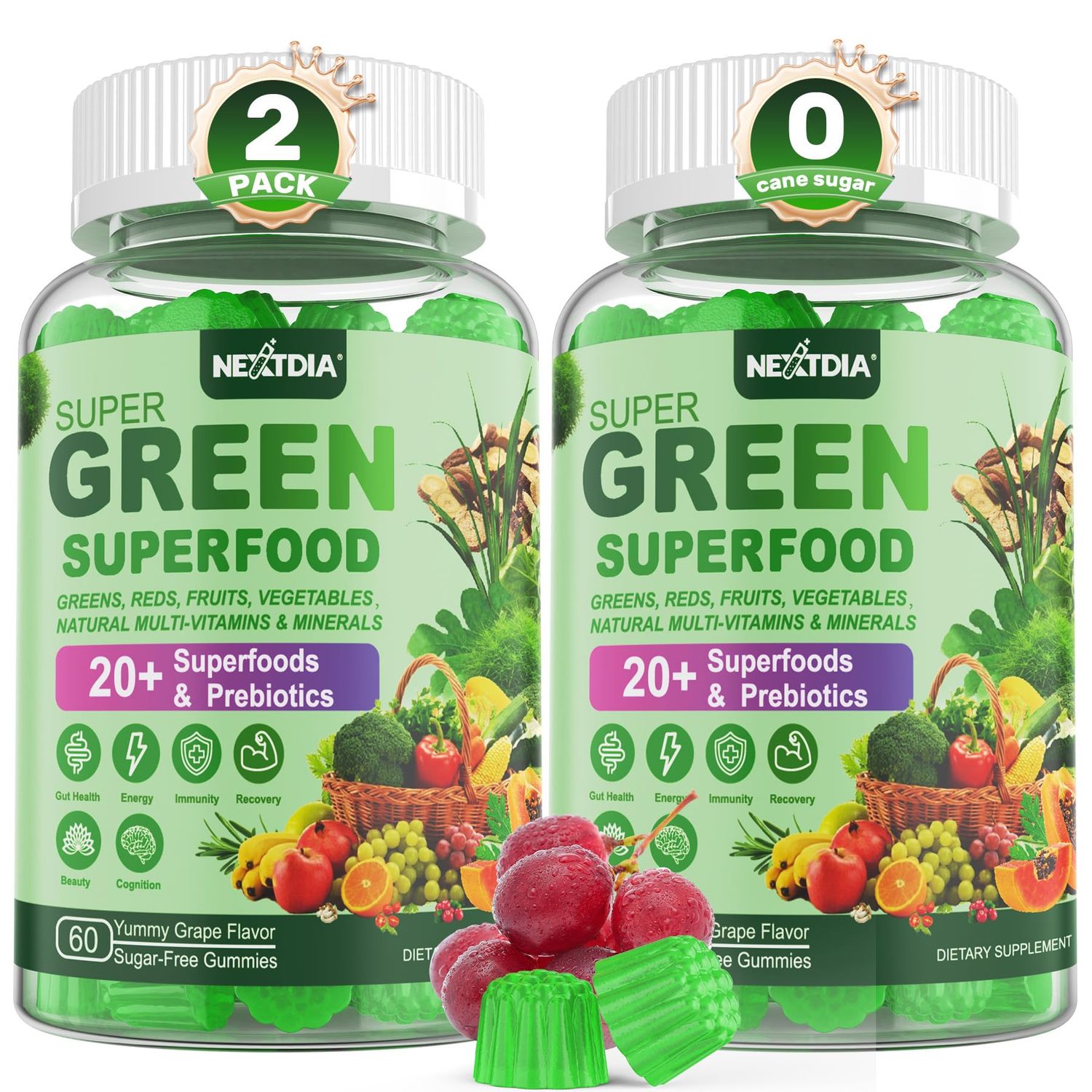 Super Greens Gummies, Greens Superfood Powder Alternative wSpirulina, Chlorella, Prebiotic Fiber, Probiotic, Fruit Veggie, Daily Fruit Vegetable for Digestive Gut Health, Immunity, Focus, 120 Cts