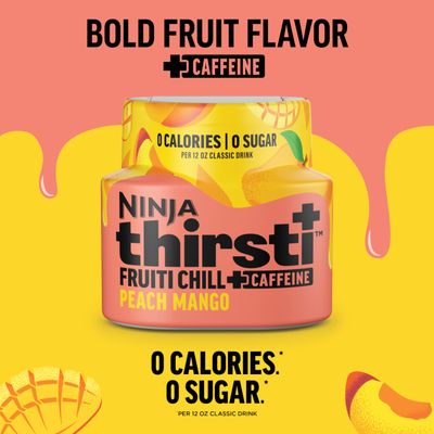 Ninja Thirsti Flavored Water Drops, FRUITI CHILL Peach Mango, Bold Fruit Flavor with Caffeine,Sparkling or Still, Zero Calories, Zero Sugar, Makes 17, 12oz drinks, 3 Pack, WCFPCMGAM