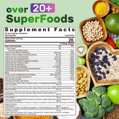 Super Greens Gummies, Greens Superfood Powder Alternative wSpirulina, Chlorella, Prebiotic Fiber, Probiotic, Fruit Veggie, Daily Fruit Vegetable for Digestive Gut Health, Immunity, Focus, 120 Cts