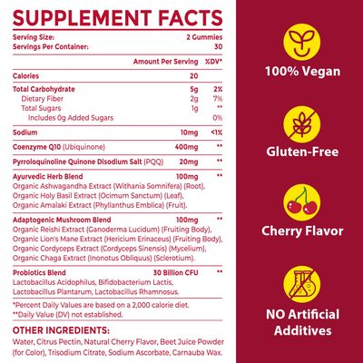 CoQ10 Gummies with PQQ - 400 MG Coenzyme Q10 High Potency, Enhanced with Ayurvedic Herbs, Adaptogenic Mushroom Blend Probiotics for Heart, Brain, Energy, Immunity, Cherry Flavor, 120 Vegan Gummies