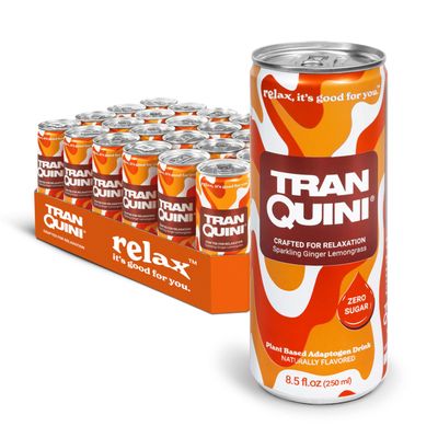 Tranquini Calming Drink With Herbal Adaptogens Sparkling Water Stress Relief Beverage Sugar Free, Non Alcoholic, Gluten Free, Vegan - 250ml Ginger Lemongrass (24 cans)