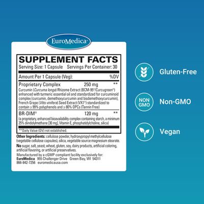 Euromedica DIM Curcumin - Estrogen Balance Support Supplement - Dietary Supplement with Curcumin Grape Seed Extract - Turmeric Essential Oil for Healthy Metabolism Support - 30 Capsules