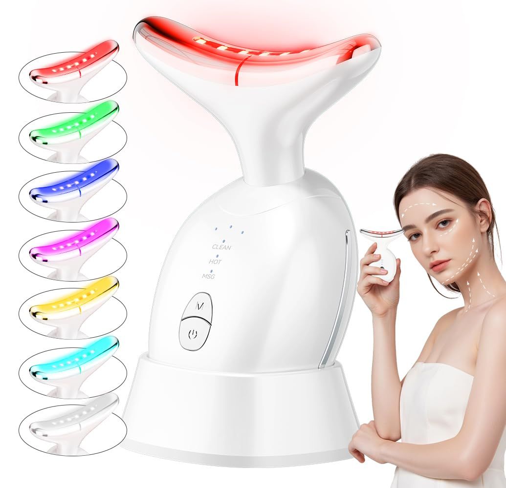 Face and Neck Massager, 7 Colors Face Sculpting Tool Face Lift Device for Skin Care at-Home Face Tool with Vibration and Thermal (White)