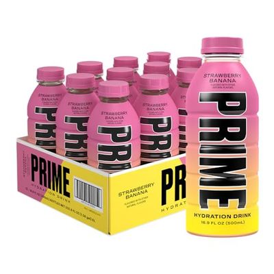 PRIME Hydration STRAWBERRY BANANA Sports Drinks Electrolyte Enhanced for Ultimate Hydration 250mg BCAAs B Vitamins Antioxidants 1g Of Sugar 16.9 Fluid Ounce 12 Pack