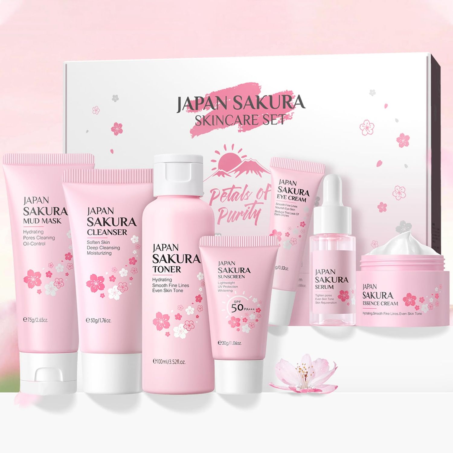 Skin Care Set JAPAN-SAKURA Women Beauty Gift Sets Skin Care Kit, Self-Care Skincare Set: Cleanser,Toner,Serum,Cream,Mud Mask,Eye Cream,Sunscreen, Facial Kit for Women Teen Girls Mom Daughter 7pcs