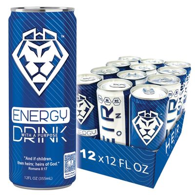HEIR LION The First Christian Energy Drink Natural Energy Drink - 12 Pack, 12oz Cans - Healthy, Low-Carb Clean Energy - Natural Caffeine for Focus, Endurance Workout - Prime Energy Alternative