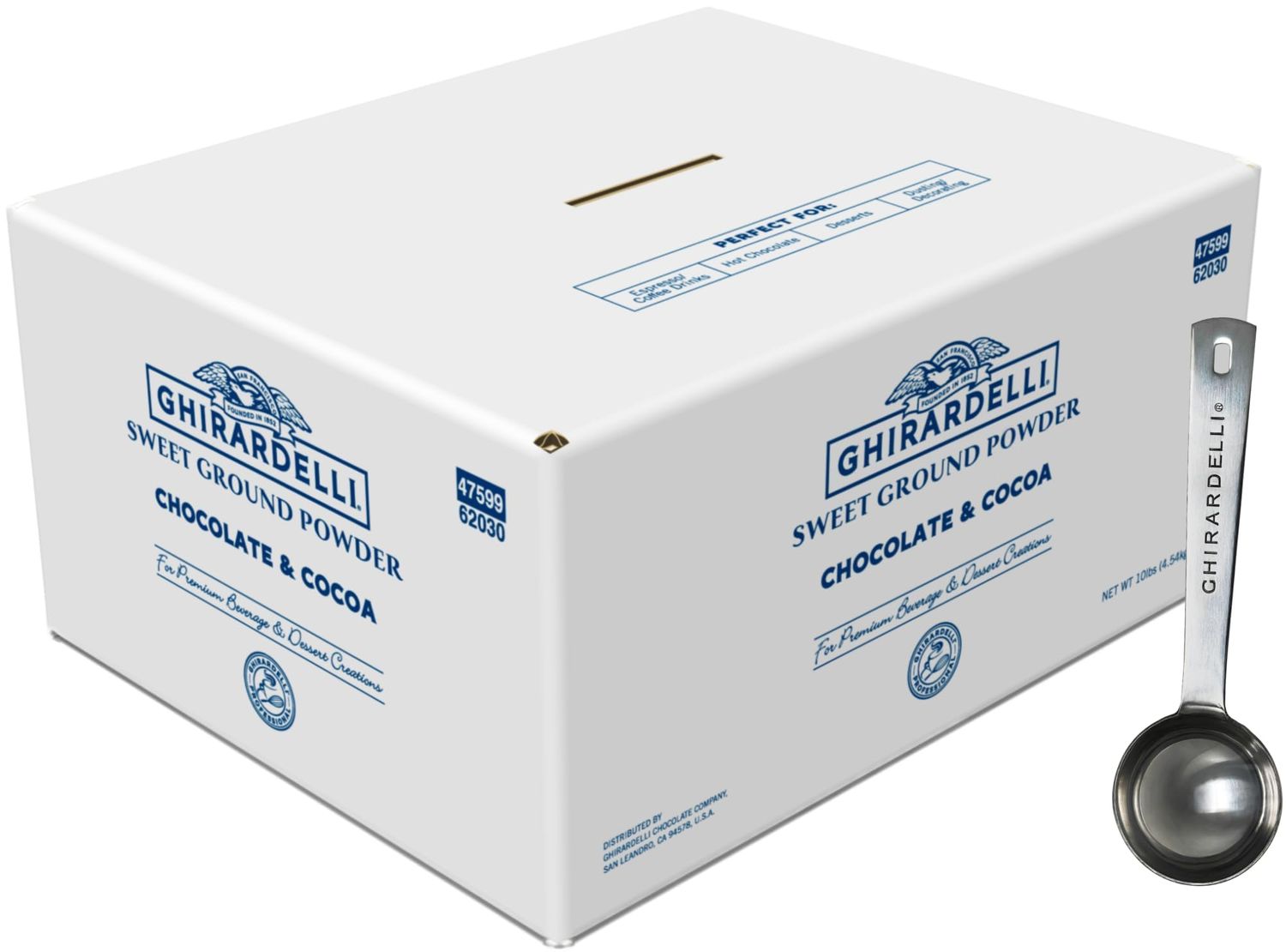Ghirardelli Sweet Ground Chocolate Cocoa Gourmet Powder, 10 lb Box with Ghirardelli Stamped Barista Spoon