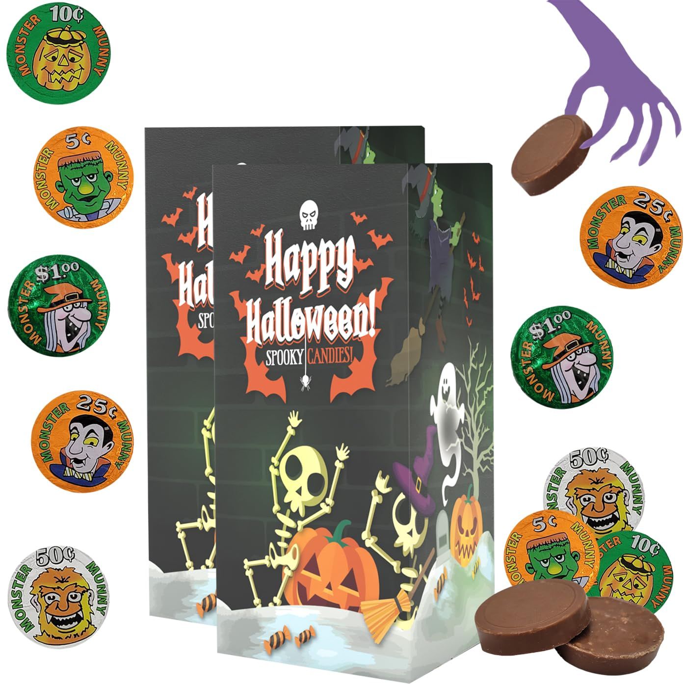 Fruidles Halloween Monster Coins Munny, Trick-Or-Treat Party Bag Fillers, Individually Wrapped in Orange, Green, Silver Coin Design Foils, Kosher Certified, Box (2 Pounds)