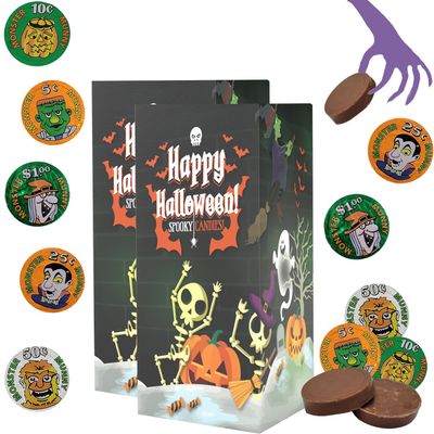 Fruidles Halloween Monster Coins Munny, Trick-Or-Treat Party Bag Fillers, Individually Wrapped in Orange, Green, Silver Coin Design Foils, Kosher Certified, Box (2 Pounds)
