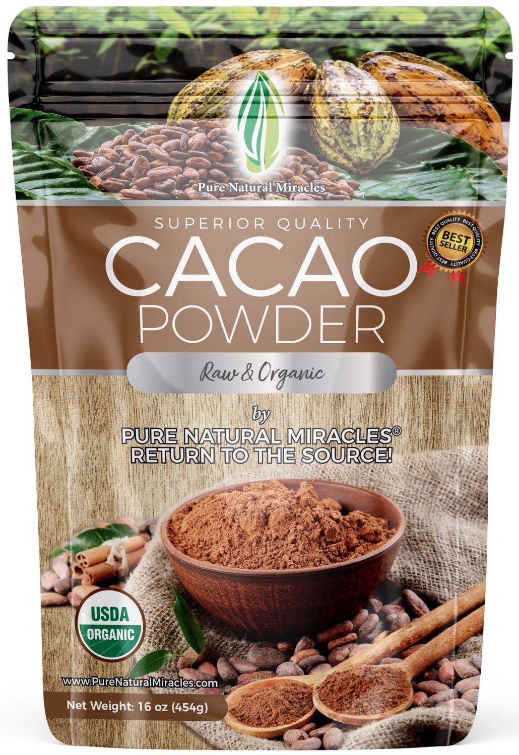Pure Natural Miracles Cacao Powder Organic - Raw, Unsweetened, Non-Alkalized Cocoa - Ceremonial Grade, Single-Origin from Ecuador - Perfect for Hot Chocolate, Smoothies or Baking - 16 oz