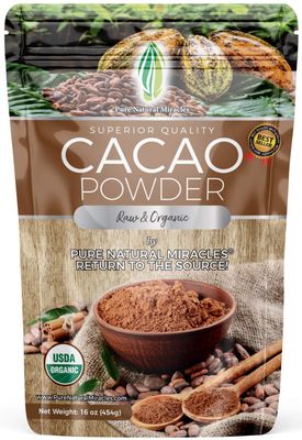 Pure Natural Miracles Cacao Powder Organic - Raw, Unsweetened, Non-Alkalized Cocoa - Ceremonial Grade, Single-Origin from Ecuador - Perfect for Hot Chocolate, Smoothies or Baking - 16 oz