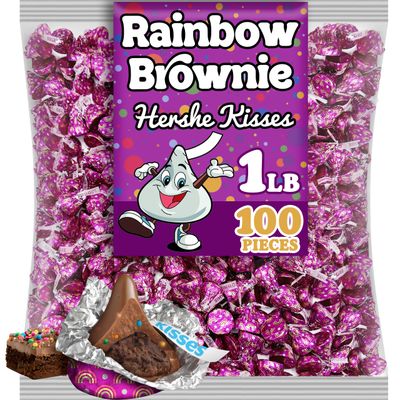 Hershey Kisses Rainbow Brownie Candy, Bulk 1 Lb Milk Chocolate Kisses filled With Brownie Flavored Creme and Colorful Rainbow Sprinkles, Individually Wrapped in Purple Foils, Birthday Candy Party Bag