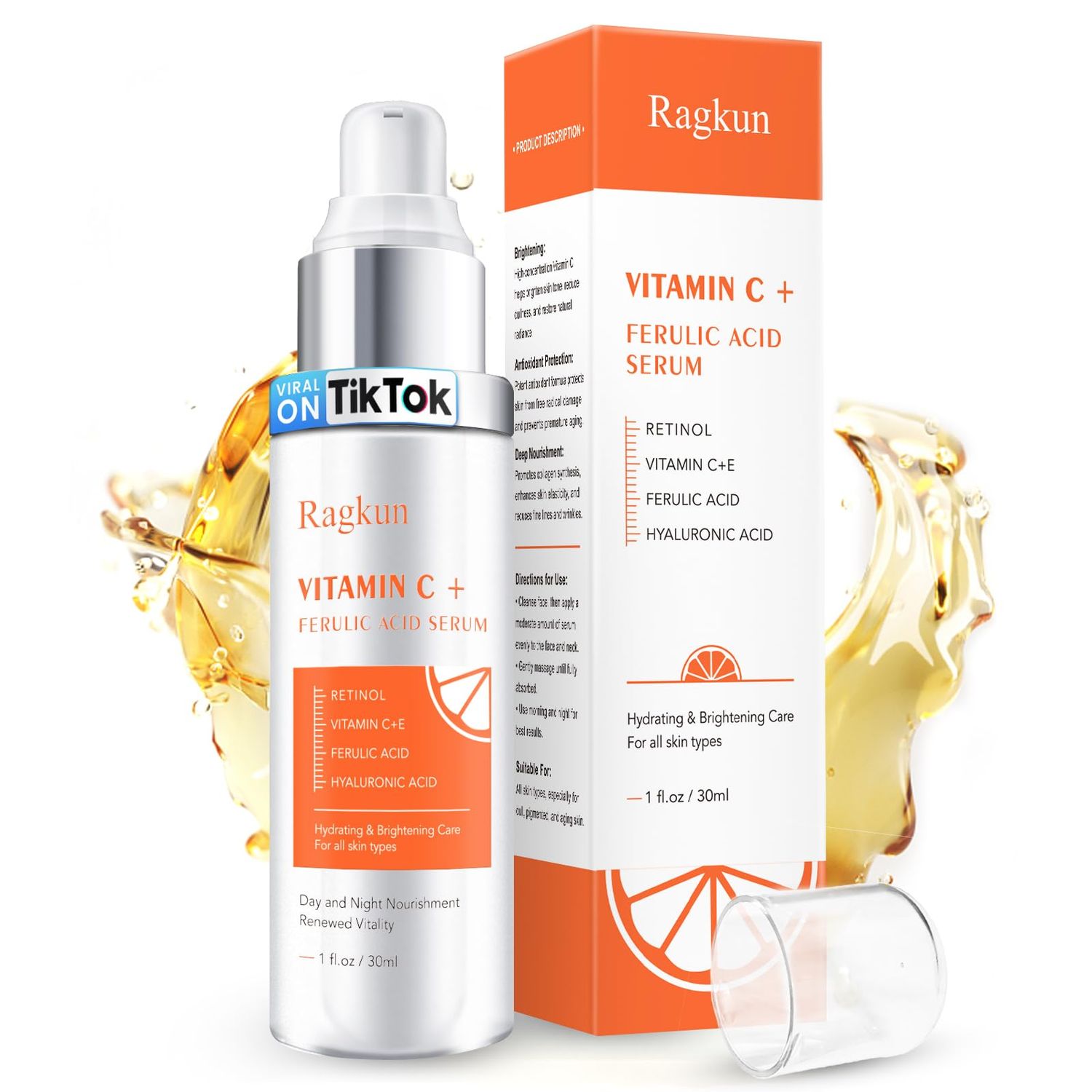 Ragkun Super Vitamin C 20 Serum for Women, Dark Spot Remover for Face, CE Ferulic Acid, Hyaluronic Acid, Retinol, Hydrate Plump Skin Care Anti Aging Wrinkle Brightening Skincare -1 Fl Oz.