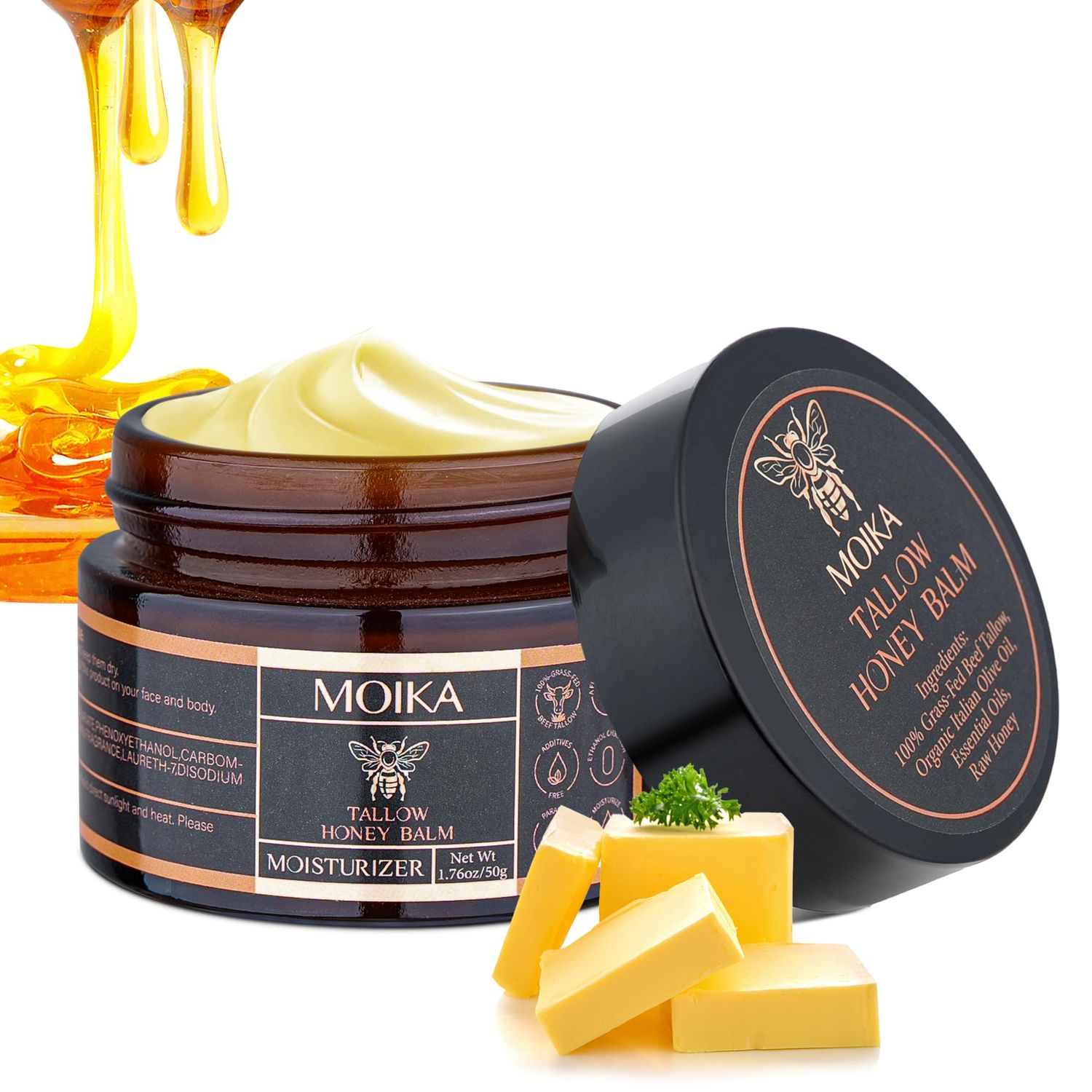 VRAIKO MOIKA Tallow and Honey Balm, Grass-Fed Beef Tallow Raw Honey Moisturizing Cream for Face and Body, Handmade Natural Moisturizer for Soft Smooth Skin, 50g2 oz