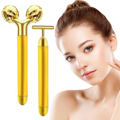 Face Massager Electric Skin Care Tool, 24k Golden T Shape Beauty Bar 3D Roller Massager, Vibration Facial Lifting and Body Treatment Tool Kit, Reduce Puffiness Improve Wrinkles Anti Aging Device