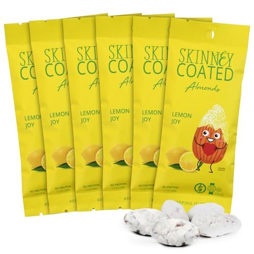 Skinny Coated Almonds Lemon Joy Snacks, Lemon Flavored Healthy Chocolate Snacks in Bulk - Skinny Almonds, Kosher, Gluten Free Sweet Snacks for Adults, 1.2Oz pBag, 6 Pack