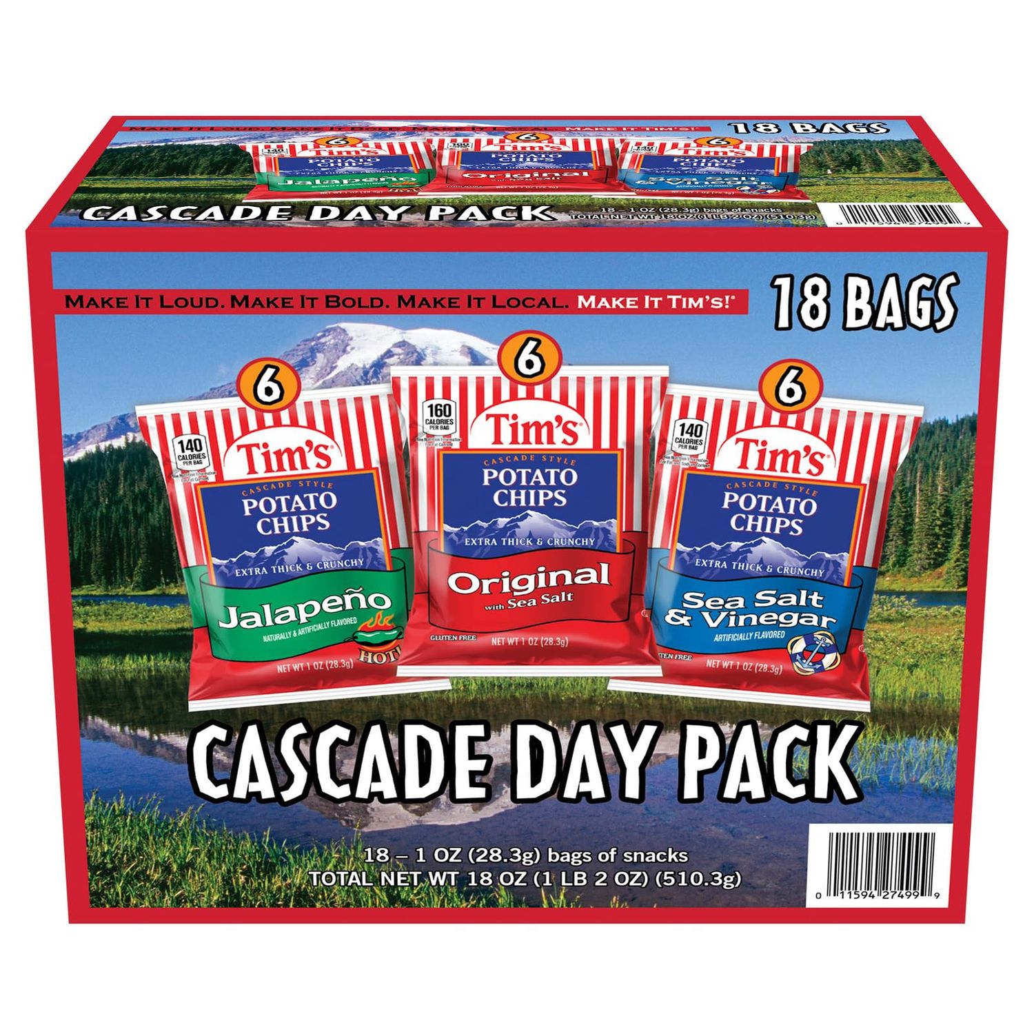 Tim&#39;s Cascade Day Pack, 18 Single-Serve Bags (1 oz Each) - Includes Jalape o, Original with Sea Salt, and Sea Salt Vinegar Flavors - Extra Thick Crunchy Cascade Style Potato Chips Snack Variety Pack