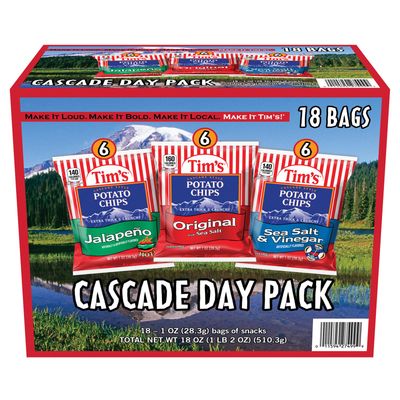 Tim&#39;s Cascade Day Pack, 18 Single-Serve Bags (1 oz Each) - Includes Jalape o, Original with Sea Salt, and Sea Salt Vinegar Flavors - Extra Thick Crunchy Cascade Style Potato Chips Snack Variety Pack