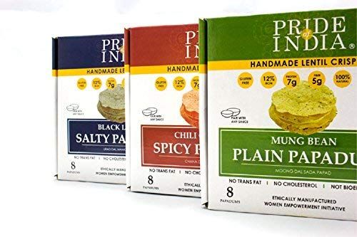 Pride Of India - Assorted Papadum Lentil Crisps - Plain, Salty Spicy - Pack of 6 (2 Boxes per Flavor) - 6 3.53oz (100gm) per 10 Count Box - Party Perfect, Lentil Chips, Gluten-Free, Healthy Snack