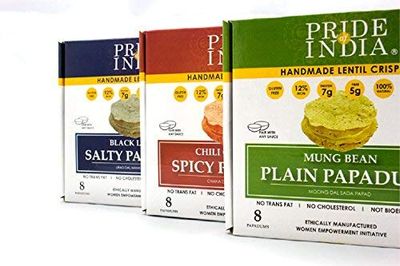 Pride Of India - Assorted Papadum Lentil Crisps - Plain, Salty Spicy - Pack of 6 (2 Boxes per Flavor) - 6 3.53oz (100gm) per 10 Count Box - Party Perfect, Lentil Chips, Gluten-Free, Healthy Snack