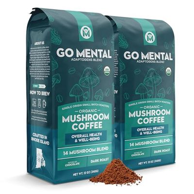 Organic 14 Mushroom Coffee Blend Dark Roast, Organic Lion&#39;s Mane, Chaga, Red Reishi and more, Chocolate Notes, Enhances Overall Health, Immune Support And Wellbeing, Ground 12 oz Bag (2 Pack)