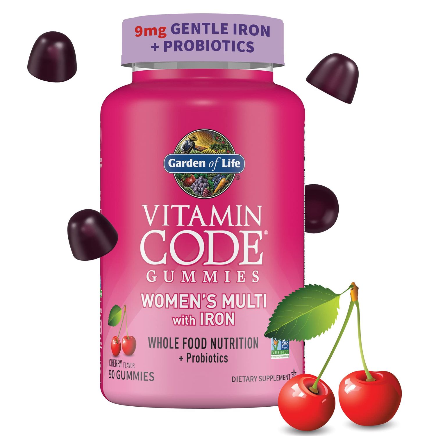 Women s Multivitamin Gummy with Iron: Folate, Biotin, D3 B12 for Hair, Skin Nails Probiotics for Immune Health Digestion, Vitamin Code, Non-GMO, Gluten-Free, 90 Cherry Gummies, 30 Day Supply