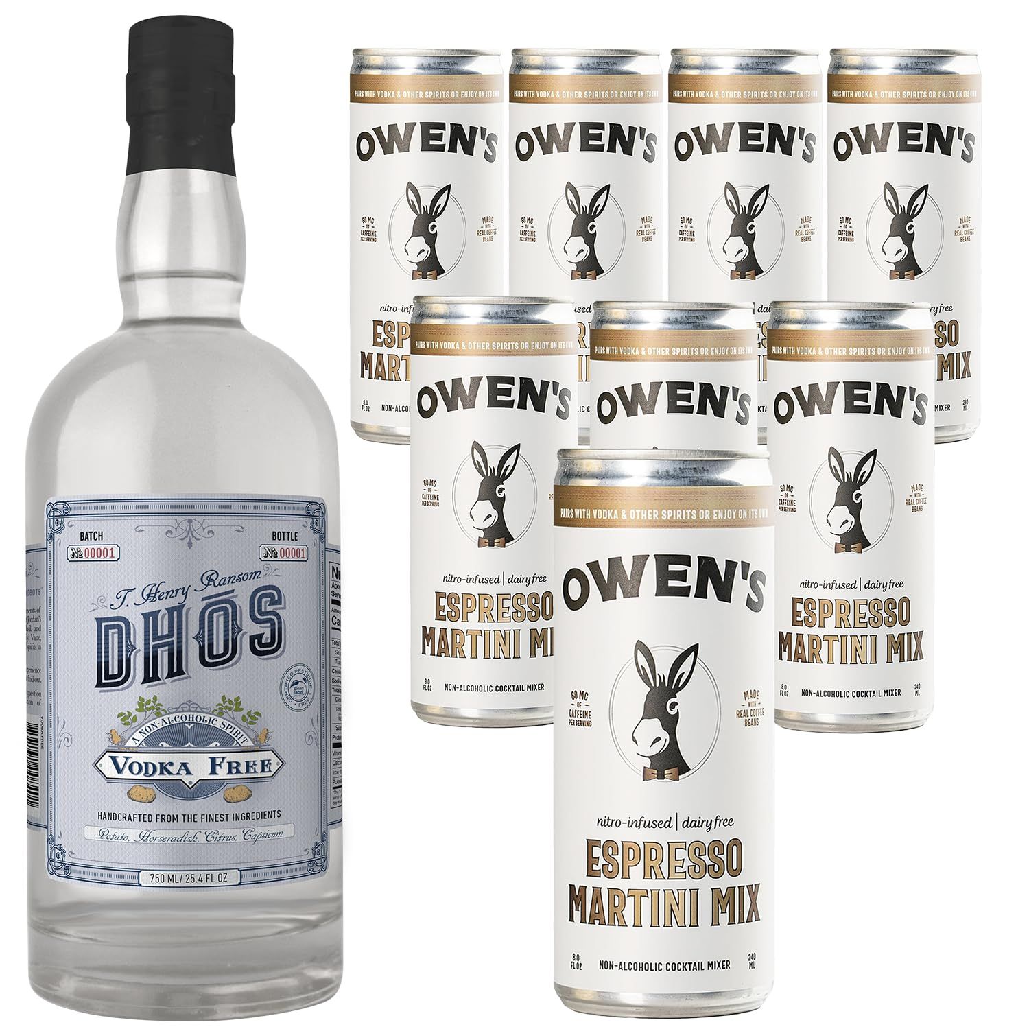 Dh s Handcrafted Non-Alcoholic Vodka 750 ML Bottle w Pack Owen s Mixers Espresso Martini 8.2 OZ Can - Keto-Friendly, Zero Sugar, Zero Calories, Zero Proof - Perfect for Mocktails - Made in USA