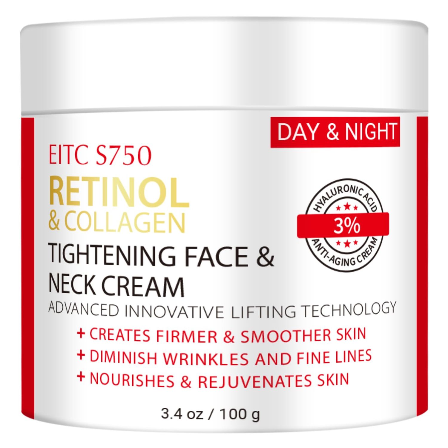 Retinol Cream for Face, Anti-Aging Neck Cream for Tightening and Firming with Collagen Hyaluronic Acid, Instant Face Lift Cream Face Moisturizer for Women Men, Rapid Wrinkle Repair 3.4 fl. oz.