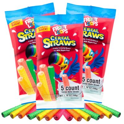 Needzo Froot Loops Cereal Straws, Edible Straw Alternatives for Milk, Nostalgic Breakfast Treat, Pack of 3, 5 Count Each