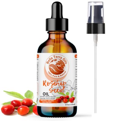 Bella Terra Oils Organic Rosehip Oil for Face, Pure Cold-Pressed Rose Hip Seed Oil for Skin Hair, Natural Moisturizer Anti-Aging Facial Oil