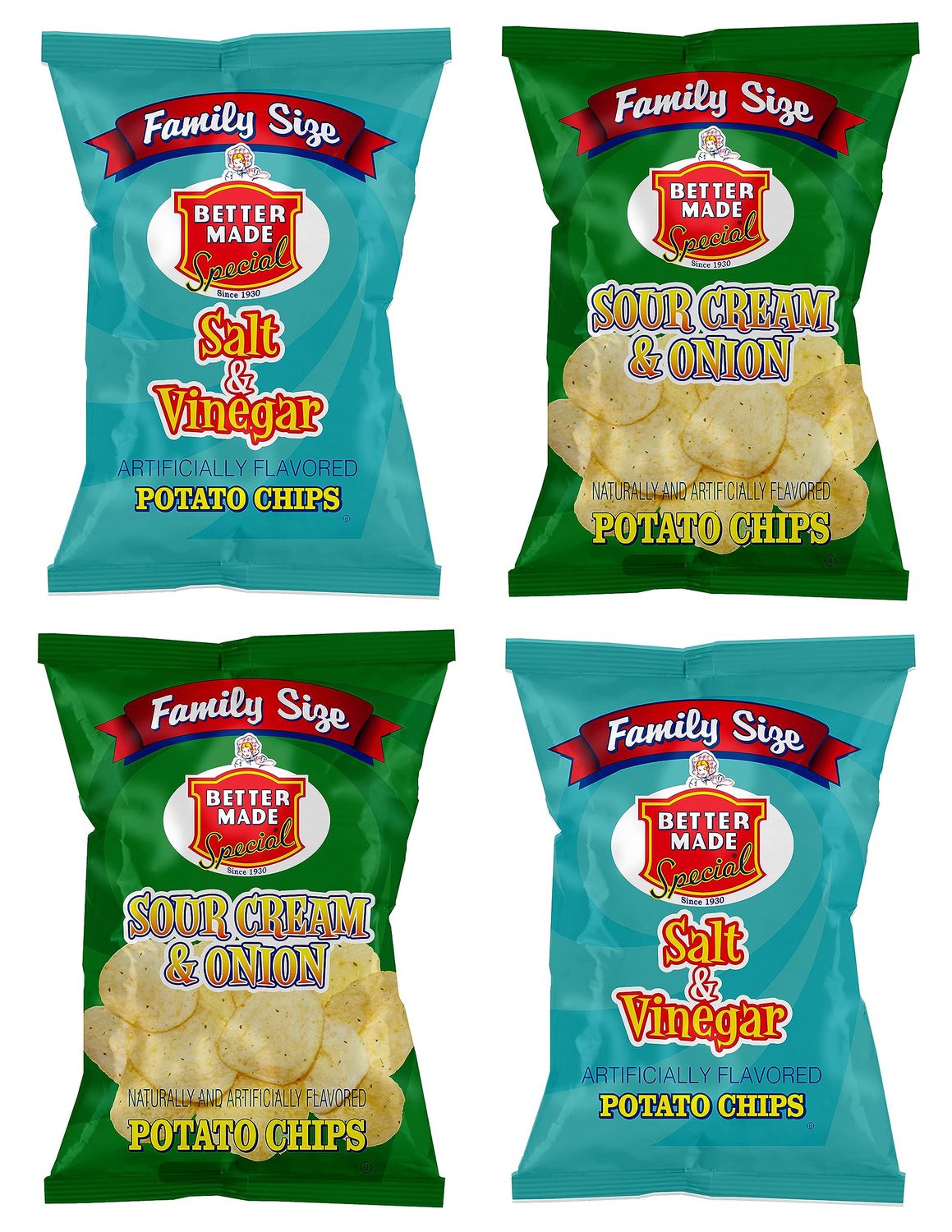 Better Made Special Sour Cream Onion Salt Vinegar Potato Chips Variety Pack (4) x Family Size Bags 8.5oz (Pack of 4) - Crispy, Crunchy, Salty Snacks Made From Fresh Potatoes
