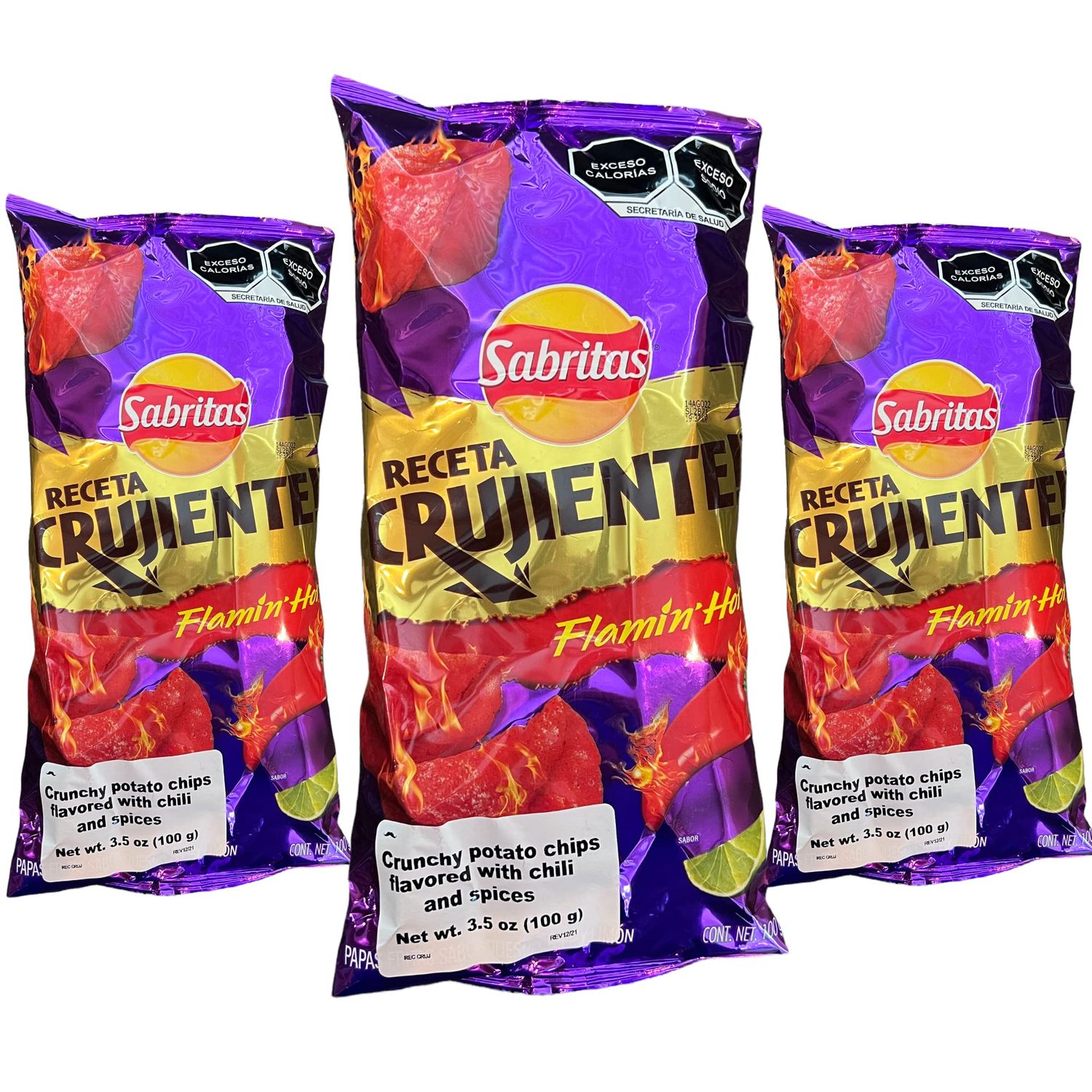 Receta Crujiente Flamin&#39; Hot (3 Pack) 3.5 oz - Mexican Large Chips - Botanas Mexicanas Bolsa Grande
