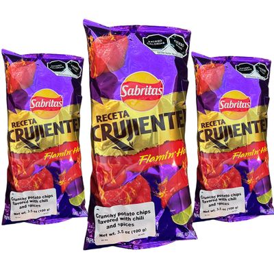 Receta Crujiente Flamin&#39; Hot (3 Pack) 3.5 oz - Mexican Large Chips - Botanas Mexicanas Bolsa Grande