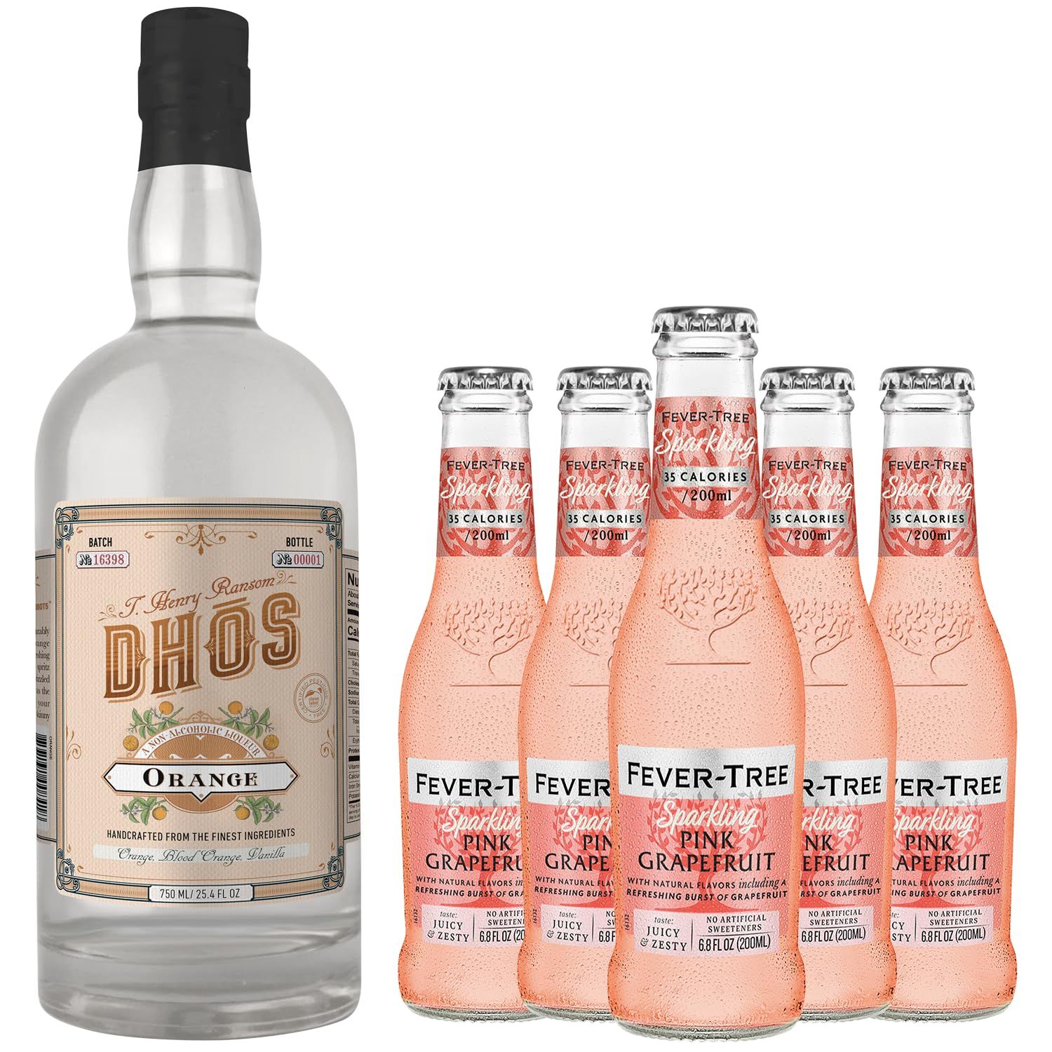 Dhos Handcrafted Non-Alcoholic Orange w 5 Pack Fever Tree Sparkling Pink Grapefruit- Keto-Friendly, Zero Sugar, Zero Calories, Zero Proof - 750 ML - Perfect for Mocktails - Made in USA