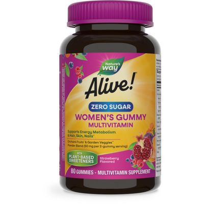 Nature s Way Alive! Zero Sugar Women&#39;s Gummy Multivitamin, Zero Sugar, Energy Metabolism, Hair, Skin, Nails, B-Vitamins, No Sugar Alcohols, Plant-Based Sweeteners, Strawberry Flavored, 80 Gummies