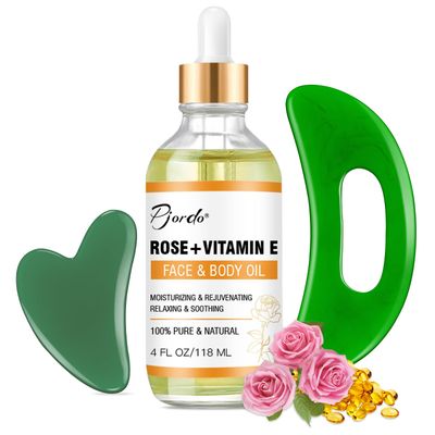 Pjordo Face Body Vitamin E Bio Oil, Gua Sha Facial Tools Set 4 oz, Massage Oil for Moisturizing and Hydrating, Spa Gifts for Him Her