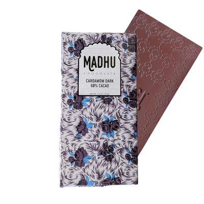 Madhu Chocolate Bar Award Winning Nutritious, Gluten, Soy Free Handcrafted Indian Inspired Cacao Chocolate Bar Gourmet Dessert Gifts Artisanal Snacks 2.6oz (Cardamom - 60 Cacao)