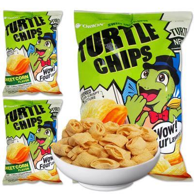 K-Munchies Orion Turtle Chips - Large 3 x 160-gram Sweet Corn Flavor Korean Chips - Big Bag, Party Size Savory, Tasty, Crispy Korean Corn Snacks - Bite-Sized, On-The-Go Korean Corn Snack for Family