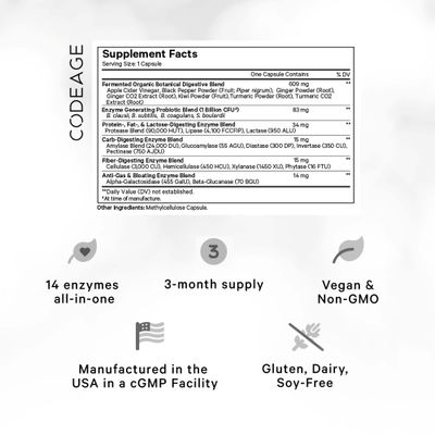 Codeage Fermented Digestive Enzymes Supplement 3-Month Supply - 14 Digestive Enzymes, Probiotics, Prebiotics, Fermented Botanicals, Plant-Based Multi Pancreatic Enzymes - 1 Capsule a Day - 90 Capsules