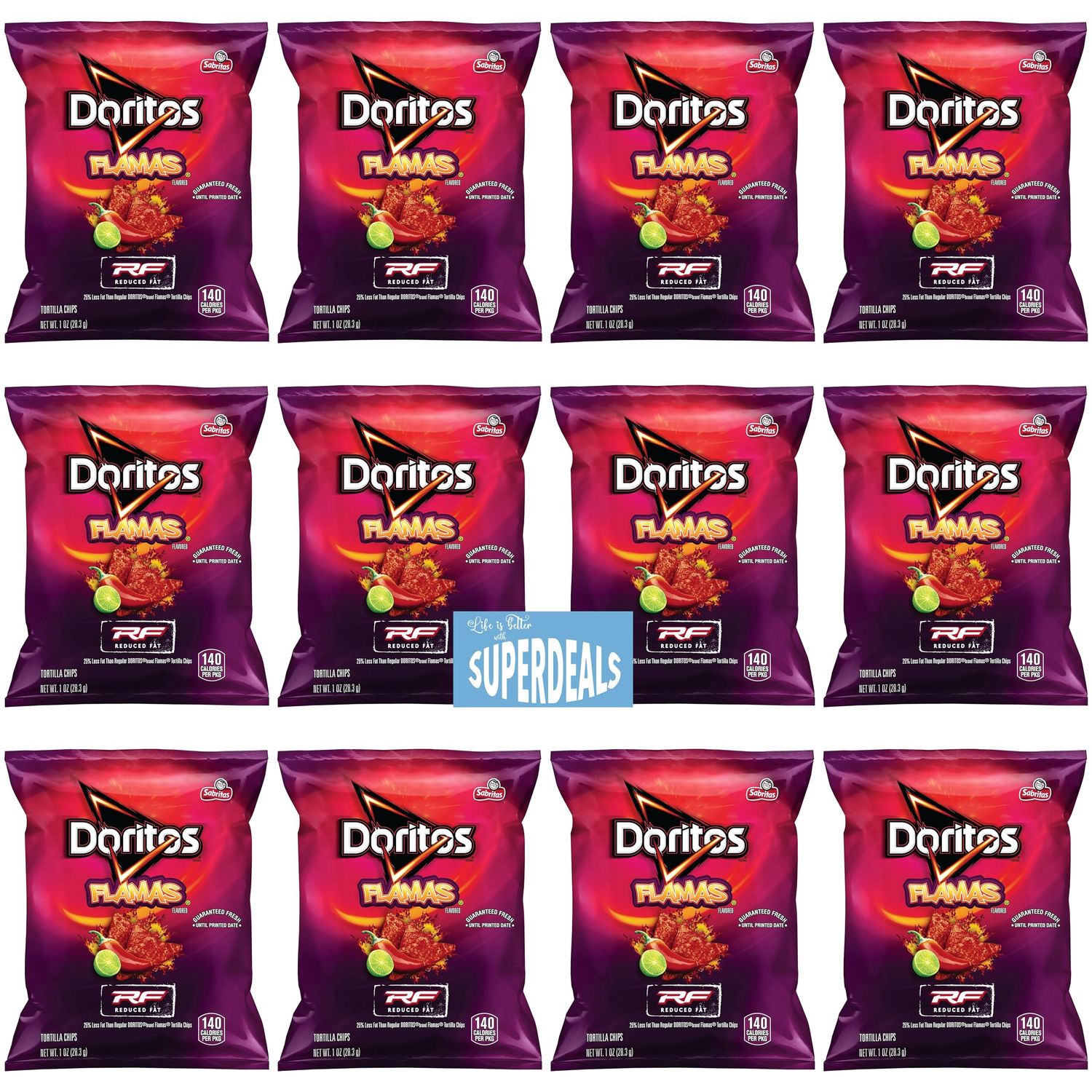 Doritos Flavored Tortilla Chips, Flamas, Reduced Fat,1 Ounce (Pack of 12) Bundled by SUPERDEALS with Mystery Gift