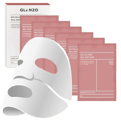 GLANZO Bio-Collagen Genuine Deep Mask, Hydrating Hydrogel Mask for Overnight Use, Pore Reduction, Elasticity Enhancement, 34g x 6 Mask Sheets