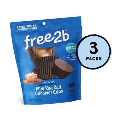 Free 2b Sea Salt Caramel Mini Cups, Safe for School and Allergy Friendly - Gluten-Free, Dairy-Free, Nut-Free, and Soy-Free - Dark Chocolate, 3.5 oz Resealable Bag (Pack of 3)