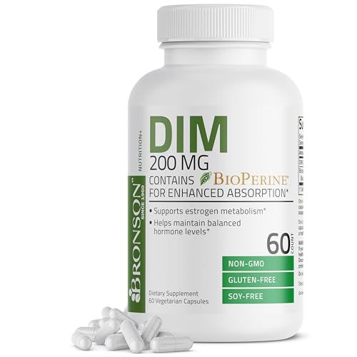 Bronson DIM 200 MG Supplement Diindolymethane with BioPerine for Enhanced Absorption, Estrogen Metabolism Maintains Balanced Hormone Levels, 60 Vegetarian Capsules