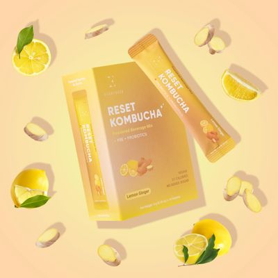 Everydaze Reset Kombucha Tea Powdered Beverage Mix 10 Sticks Prebiotics Probiotics Vegan No Added Sugar, Gluten Free, Sparkling Powder Drink Pack (Lemon Ginger)