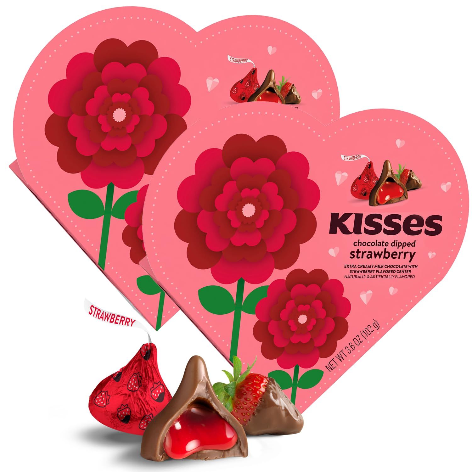 Hershey Strawberry Kisses Heart Gift Box - 2 Pack Chocolate Dipped Strawberry Milk Chocolate Candy Mother&#39;s Day Candy - 3.6 Oz Box