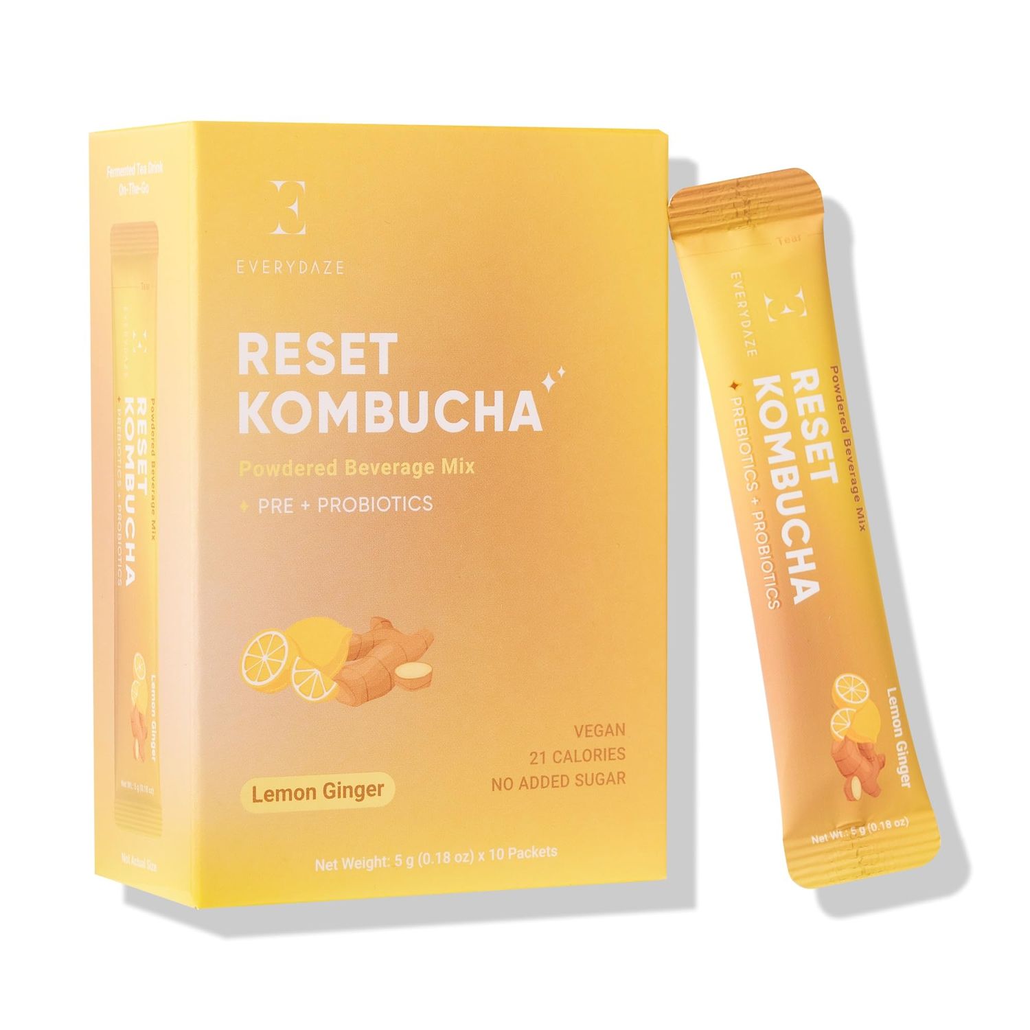 Everydaze Reset Kombucha Tea Powdered Beverage Mix 10 Sticks Prebiotics Probiotics Vegan No Added Sugar, Gluten Free, Sparkling Powder Drink Pack (Lemon Ginger)