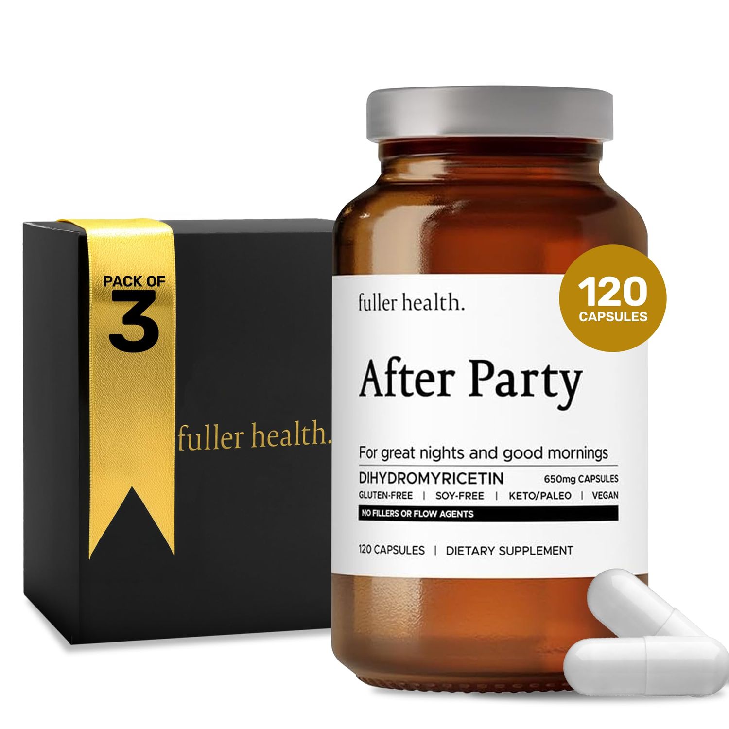 Fuller Health After Party DHM Dihydromyricetin Supplement Supports Liver, Metabolism, Energy Levels, Post-Celebration Relief Feel Refreshed, 650mg Per Pill 3 Bottles, 72 Servings