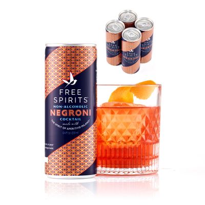 Free Spirits Negroni - Non-Alcoholic Cocktail - Mixed Ready To Drink Mocktail - Low Sugar, Real Fruit Juice, B-Vitamins - Bittersweet - 8.4 fl oz Cans (4 Pack)